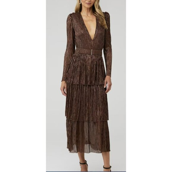 Sabina Musayev Dresses & Skirts - Sabina Musayev Carry Pleated Puff Sleeve Bronze Metallic Midi Tiered Dress